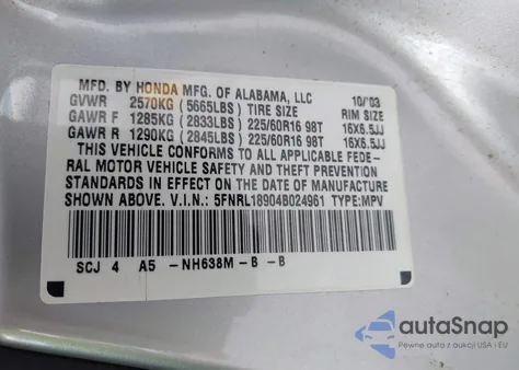 2004 Honda Odyssey Ex-L z USA, uszkodzony, nr VIN 5FNRL18904B024961